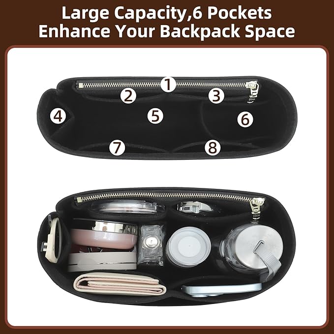 Doxo Backpack Organzier Insert Compatible with Longchamp Le Pliage Bag and More (9" L x 3.2" W x 6.7" H, Black)