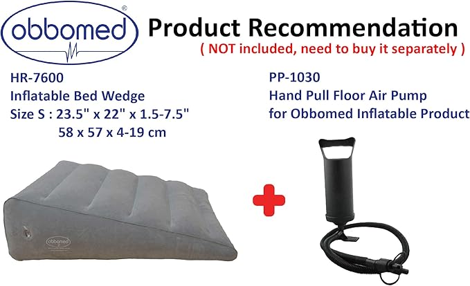 ObboMed® HR-7600 Inflatable Portable Bed Wedge Pillow with Velour Surface for Sleeping, Travel, Trip Vacation, Horizontal Indention Prevent Sliding, 23” x 22” x(7.5”~1.5”), Gray