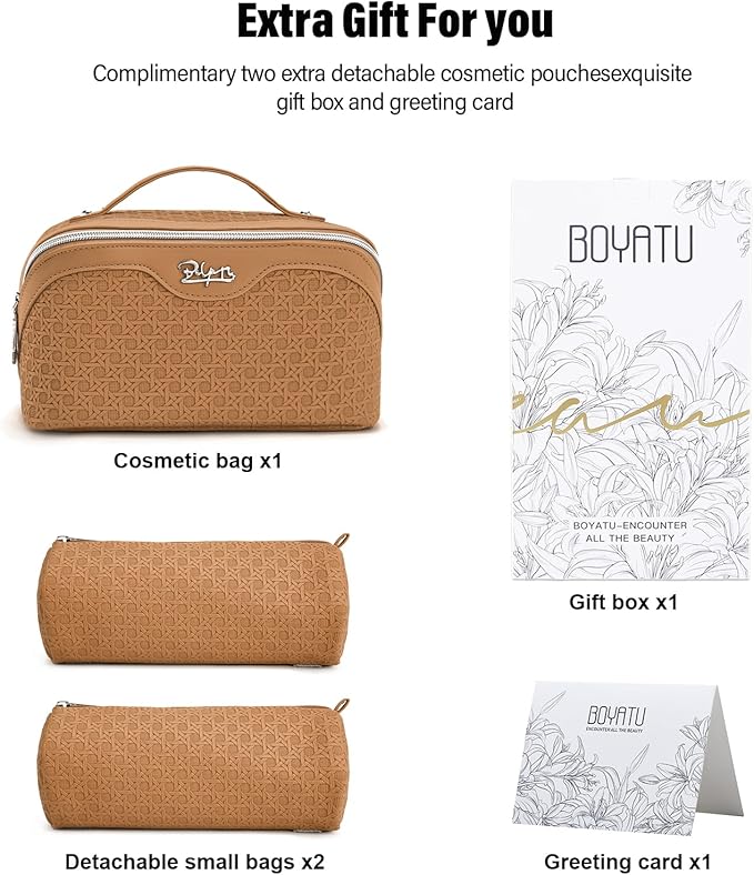 BOYATU Travel Makeup Bag Cosmetic Bags for Women: Large Capacity 3 Pcs Set Make up Bag with Compartments - Waterproof Vegan Leather Toiletry Organizer Bags with Handle (M-74Yellow Brown)