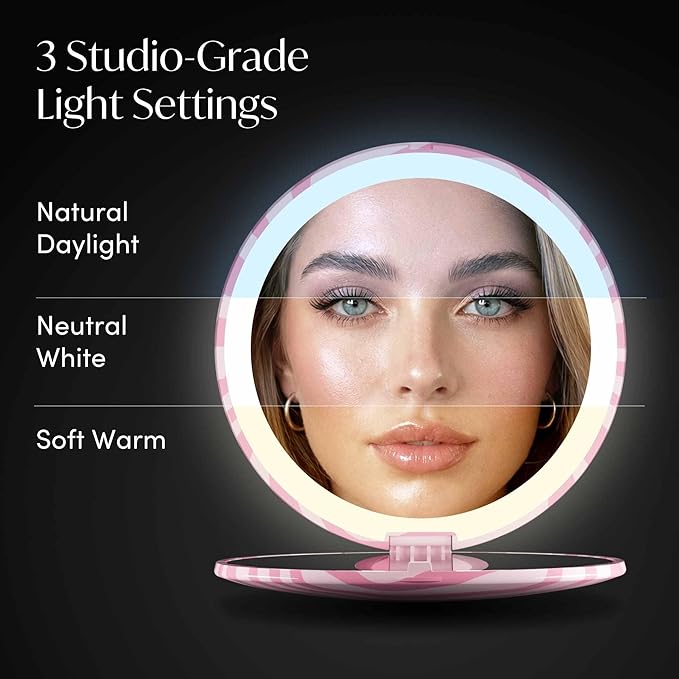 Fancii Taylor LED Lighted Travel Makeup Mirror, Rechargeable, 10x /1x Magnifying, Tru-Glow Lighting System, XL Large 5” Wide | Compact Mirror for Purses (Blush Zebra)