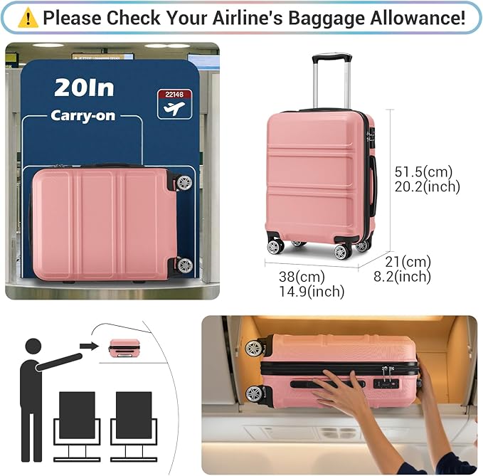 Kono 20'' Carry on Luggage with Spinner Wheel TSA Lock, Lightweight PC+ABS Hardside Luggage Small Carry on Suitcase Nude
