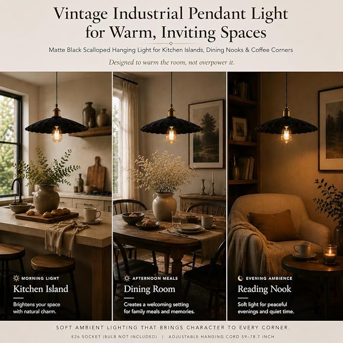Plug in Hanging Lamp Adjustable Farmhouse Black Plug in Pendant Light for Kitchen Island, Dimmer Switch Rustic Vintage Hanging Lamp with Scalloped 15.7" Metal Shade