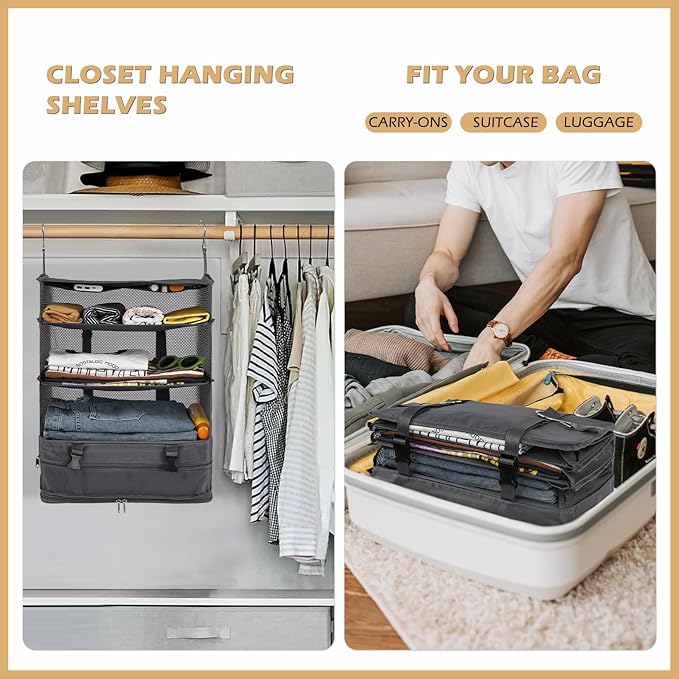 Surblue Hanging Closet Storage Bag Collapsible 3-Shelf Washable Oxford Fabric with 2 Hooks (XL 17.71 * 11.81 * 20in, Grey)