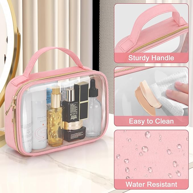 Wedama TSA Approved Toiletry Bag, 4 Pack Clear Makeup Bags with Handles, Quart Size Toiletry Bags, PVC Clear Cosmetic Bags for Women and Men, Carry on Airport Airline Compliant Bag, Pink