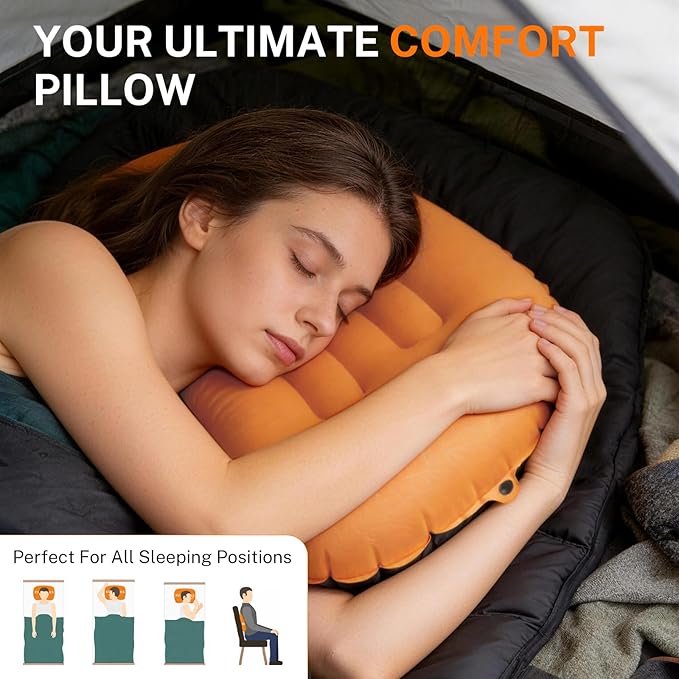 Camping Travel Pillow-Compressible,Ultralight Inflatable,Compact, Comfortable, Ergonomic Inflating Pillows for Neck & Lumbar Support While Camp, Hiking, Backpacking (Blue+Orange 2pcs)