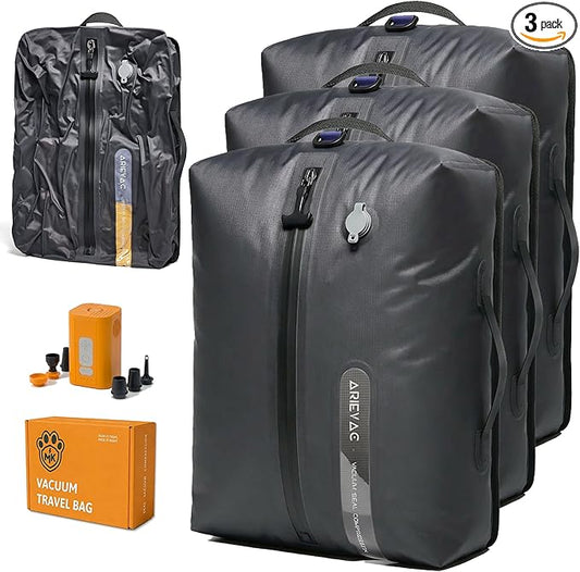 Vacuum Seal Bags for Travel w/Rechargeable Pump, 18L Compression Packing Cubes for Carry-On Suitcase & Travel Backpack, Reusable IP67 Waterproof Vacuum Storage Kit, Gift Set (3-Pack)