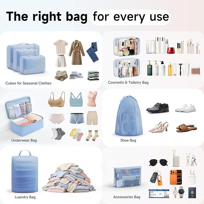 11 Set / 9 Set Packing Cubes for Travel,Gifts for Women Mom Kids,TSA Approved Bags for Makeup, Cosmetic, Toiletry, Organizers for Suitcase Carry On,Cruise Essentials Airplane Accessories,Light Blue