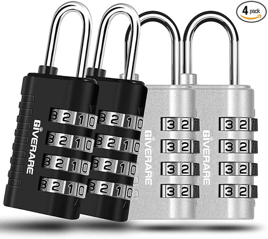 4 Pack Combination Lock, 4-Digit Padlock Keyless, Resettable Metal Luggage Locks, Weatherproof Alloy Travel Lock for Backpack, Gym, School, Locker, Fence, Gate, Hasp, Case, Black Silver-by GIVERARE
