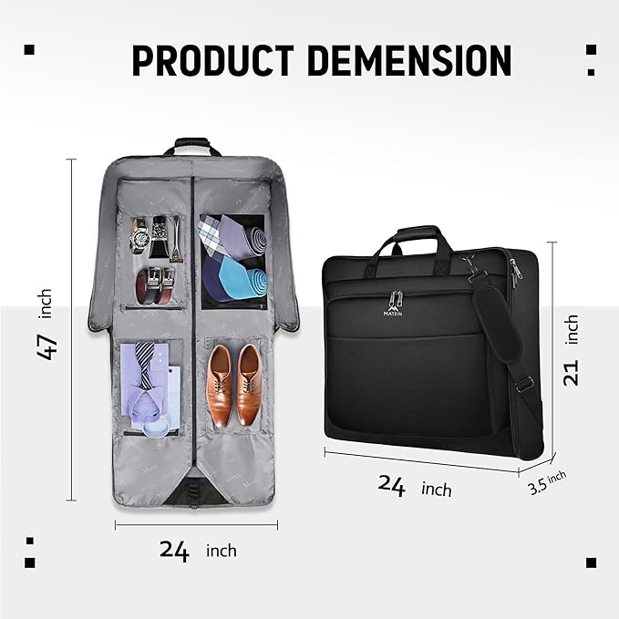 MATEIN Garment Bag for Travel, Large Carry on Garment Bags with Strap for Business, Waterproof Hanging Suit Luggage Bag for Men Women, Wrinkle Free Suitcase Cover for Shirts Dresses Coats, Black