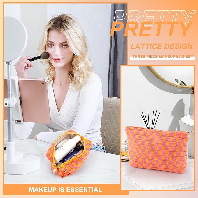 EIMMBD Makeup Bag 3 Pieces Large Capacity Checkered Cosmetic Bags Travel Toiletry Bag Organizer Cute Makeup Pouch Storage for Women(Orange & Pink)