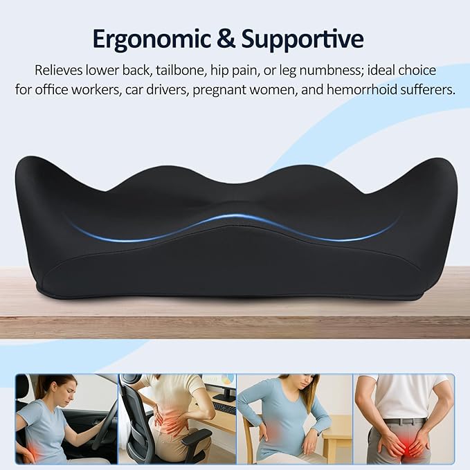 X Large Memory Foam Seat Cushions for Office Chairs, Long Sitting Pressure Relief Ergonomic Office Chair Cushion for Butt Coccyx Tailbone Sciatica, Car Seat Booster for Height (Black)