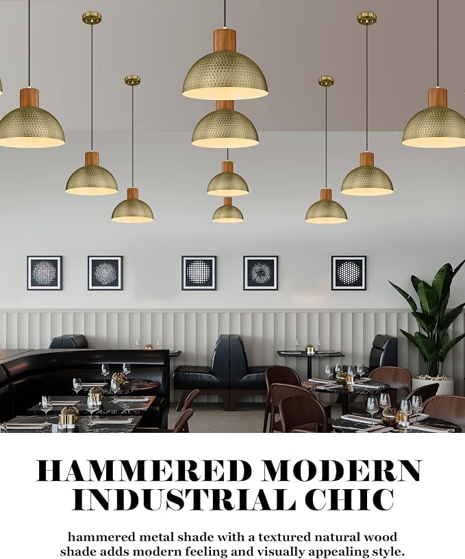 ELYONA Vintage Pendant Light Fixtures, 12” Brushed Brass Hammered Metal & Rubber Wood Industrial Dome Hanging Lamp, Antique Gold Kitchen Pendant Light for Island, Farmhouse, Sink, Dining Room, Hallway