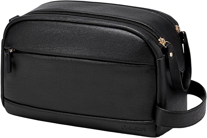 PU Leather Toiletry Bag for Men - Water Resistant Travel Bag for Toiletries, Bathroom Essentials, Accessories - Black