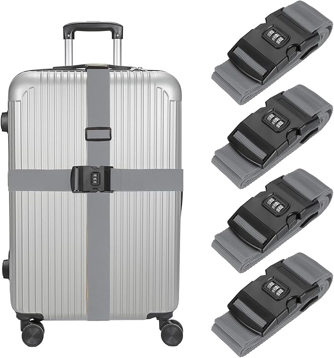 MECCANIXITY Luggage Straps with Combination Lock Adjustable Suitcase Belt Strap for Suitcase Briefcase Backpack Travel, Gray, Pack of 4