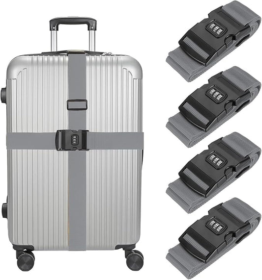 MECCANIXITY Luggage Straps with Combination Lock Adjustable Suitcase Belt Strap for Suitcase Briefcase Backpack Travel, Gray, Pack of 4