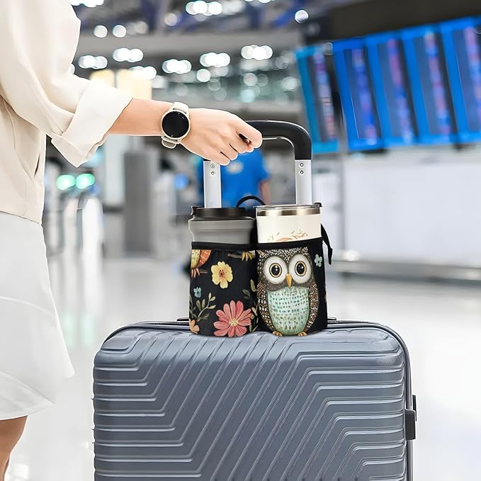 Black Owls Cactus Butterfly Luggage Cup Holder Travel Portable Free Hand Drink Carrier Suitcase Drinks Beverage Holder Carry-On Bottle Mug Holder Organizer Bag Travelers Accessories