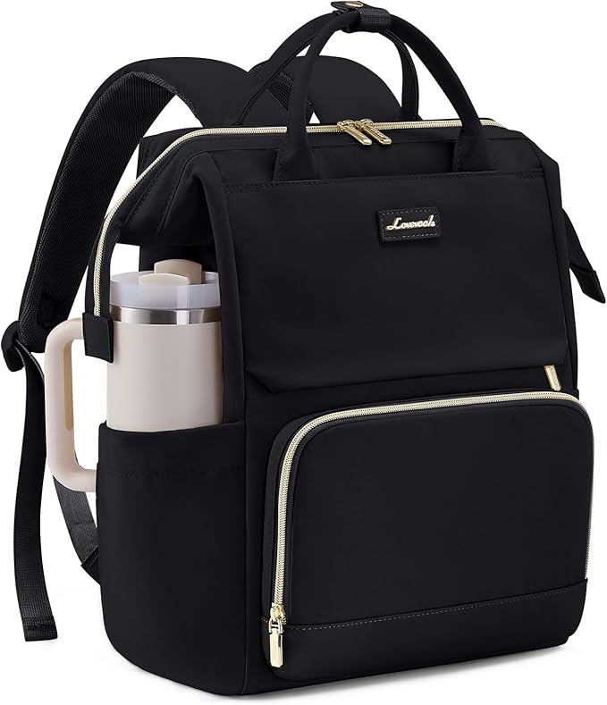 LOVEVOOK Laptop Backpack for Women with Giant Tumbler Holder Pocket, 15.6 inch Travel Work Backpack Purse for Nurse Teacher, Waterproof School Bag College Bookbag Cute Casual Daypack for Girls Black