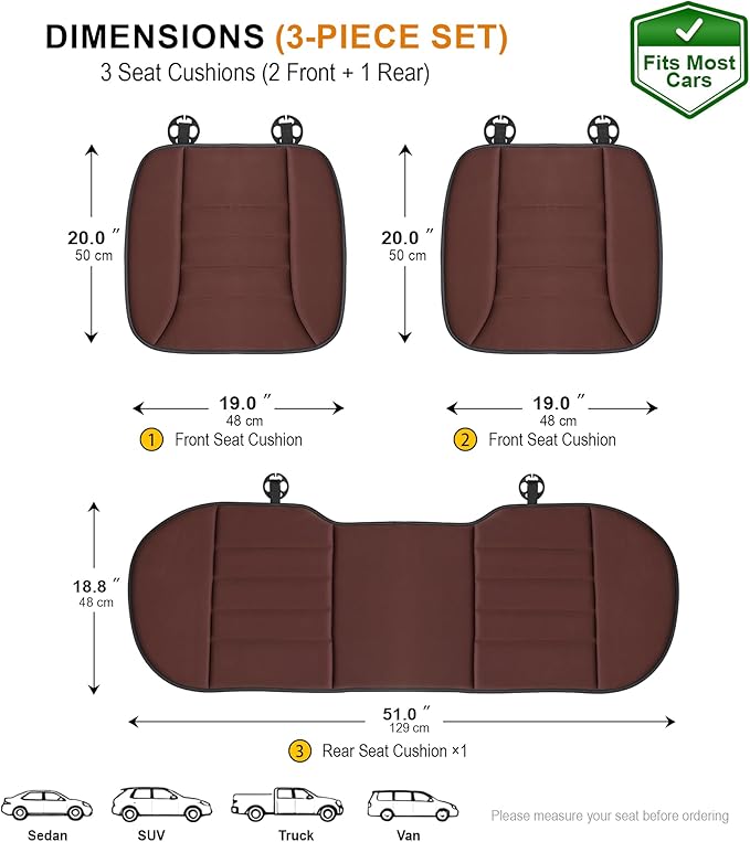 kingphenix 3-Piece Car Seat Cushion Set, 1.2inch Memory Foam Comfort, 2 Front Automotive Seat Cushions + Rear Bench Cushion, Non-Slip Bottom, Fits Sedan SUV Truck Van, Car & Office Chair, Brown