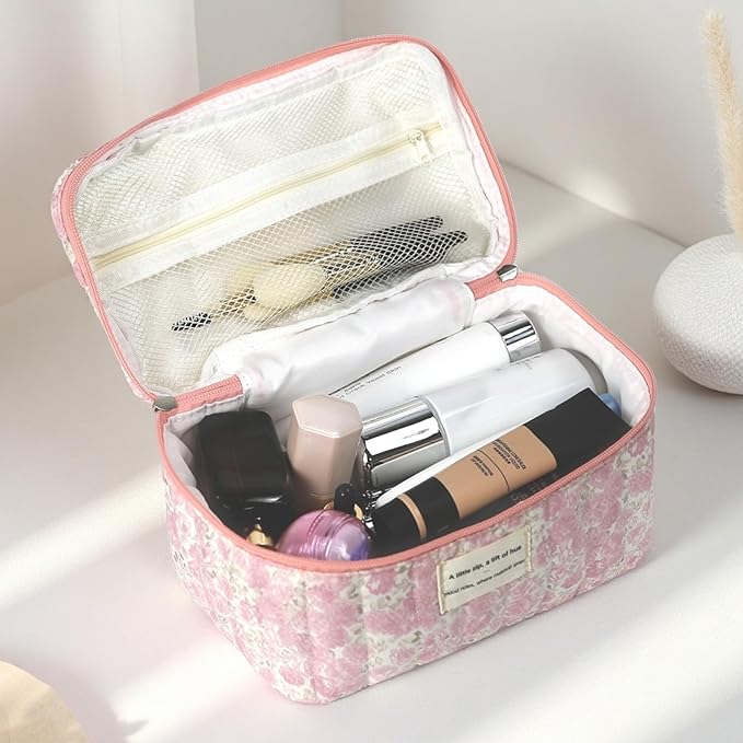 Large Makeup Bag, Cute Cosmetic Bag for Women Girls, Floral Coquette Aesthetic Toiletry Bag, Travel Make Up Organizer Bag (Crushed Flower)