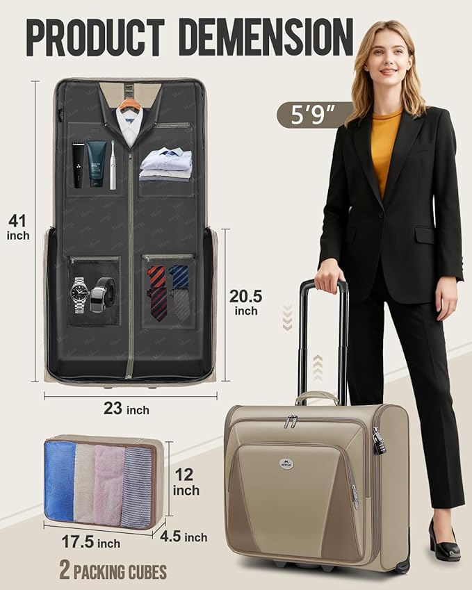 MATEIN Garment Bag with Wheels, Large Wheeled Garment Bags for Hanging Clothes with 2 Packing Cubes, Foldable Softside Travel Suit Carrier for Women, Business Suitcase Luggage Fits 17" Laptop, Khaki
