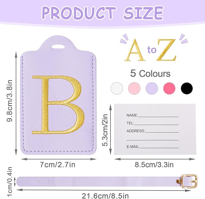Initial Luggage Tags for Suitcases, Cute Embroidered Letter Luggage Bag Suitcase Identifier Name Baggage Tag, PU Leather Travel Luggage Tags, Bag Tags for Men Women Kids Luggage Handbags(Purple B)