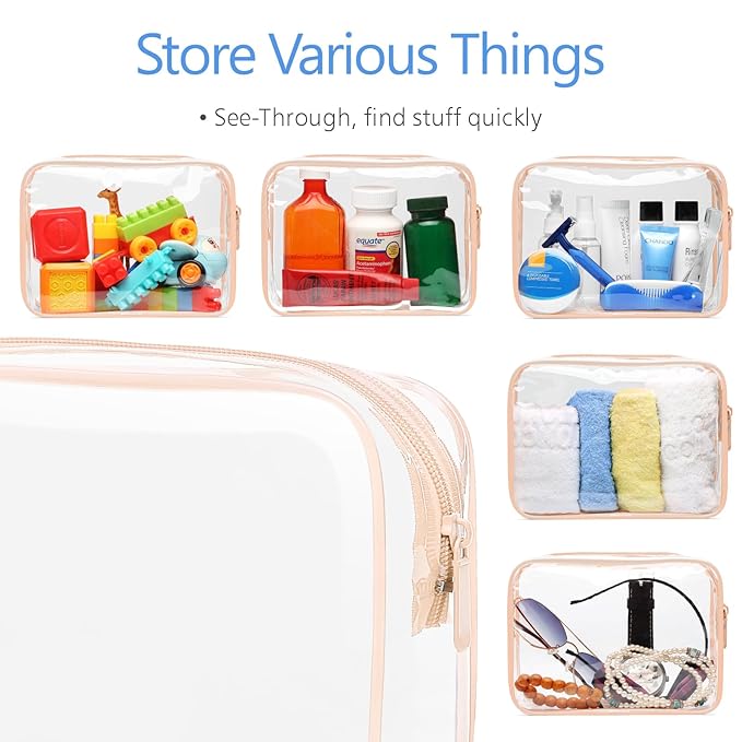 F-color TSA Approved Toiletry Bag 3 Pack Medium - Clear Makeup Bag Travel Quart Size for Women Men, Clear Cosmetic Bag Airport Airline Compliant Carry on Bag, Pink