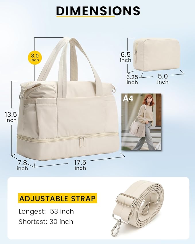 Vorspack Duffle Bag for Travel - 30L Gym Bag for Women Men Personal Item Travel Bag with Shoe Pocket Toiletry Bag Lightweight Carry On Bag for Weekender Overnight Sports - Beige