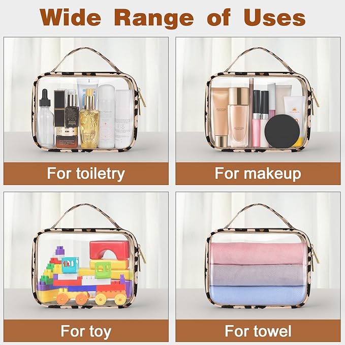Wedama TSA Approved Toiletry Bag, 3 Pack Clear Makeup Bags with Handles, Quart Size PVC Clear Cosmetic Bags for Women and Men, Carry on Airport Airline Compliant Bag, Leopard Print