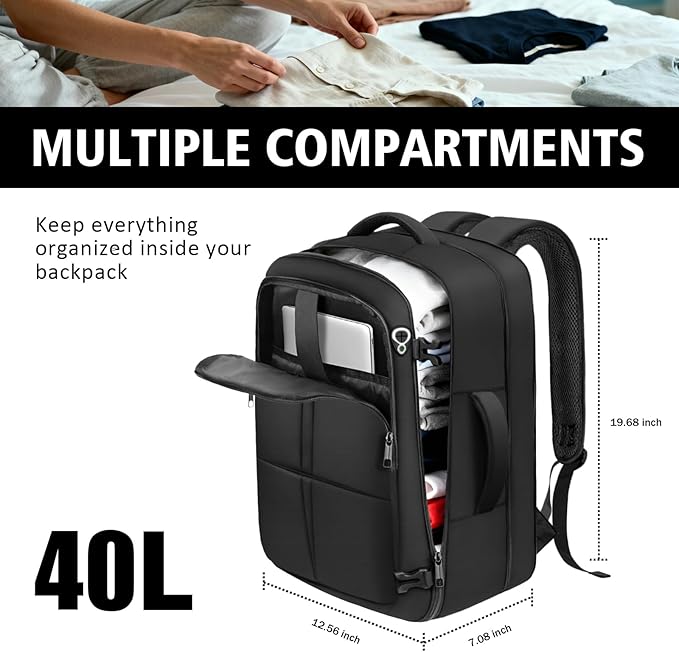 Travel Backpack For Men, Extra Large 50L Flight Approved Carry on Backpack, Expandable Waterproof Business Suitcase Daypack Big Bag Fits 18.4 Inch Laptop, Black