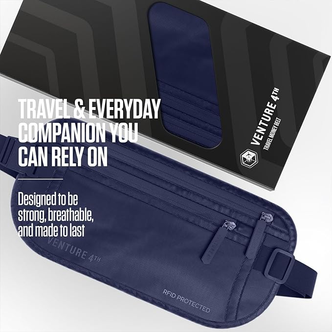 VENTURE 4TH Money Belt for Travel – Hidden Under-Clothes RFID Blocking Passport Holder & Slim Travel Wallet Pouch for Men & Women to Protect Cash, Cards & Documents (Sleek Navy Blue)
