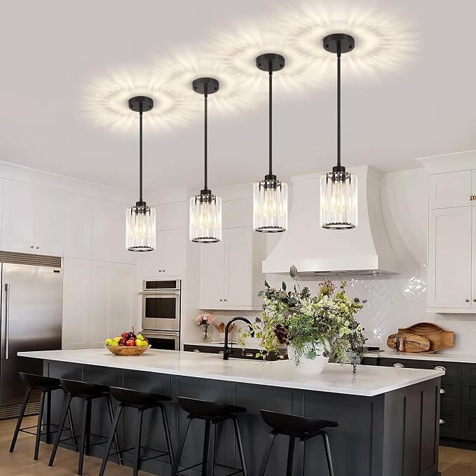 2 Pack Black Pendant Lights Kitchen Island Crystal Hanging Lighting Fixture | Adjustable Height Modern Pendant Light for Bathroom Dining Room Over Island Sink Entryway Hallway Ceiling Light