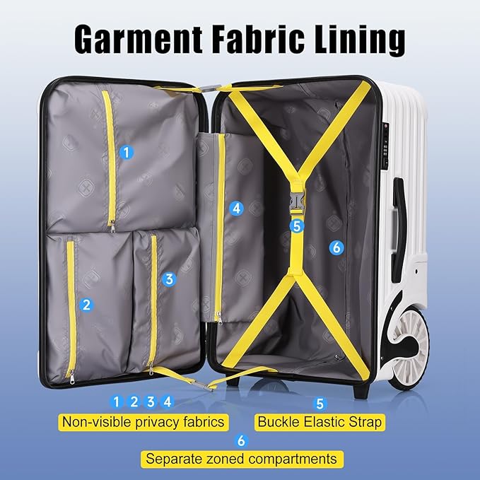 Extra Large Wheels Carry On Luggage Hard Shell Suitcase Top Opening Hardside Frame Travel Luggage with TSA Lock (White, 21-Inch)