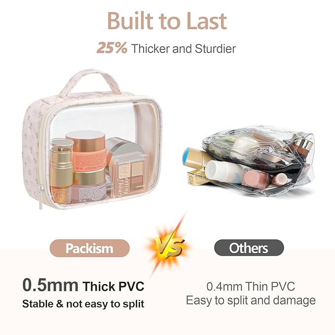 PACKISM Stylish TSA Approved Toiletry Bag Set, Flora, Clear Makeup Bag with Handle, 1 TSA Medium & 1 Large for Travel, Gift for Women, Pink Ditsy Floral