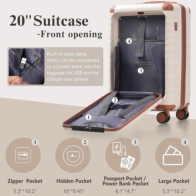Merax Luggage Sets 3 Piece Front Opening, Hardside Lightweight Carry on Suitcase with Cup Holder USB Port,Durable Expandable Luggage with Bags Spinner Wheels and TSA Lock,White and Brown
