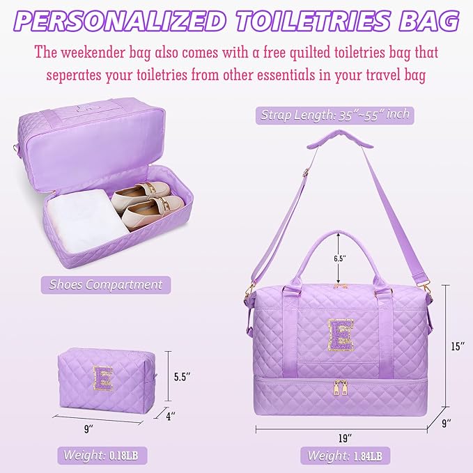 Gifts for Teen Girls Initial Travel Duffle Bag Quilted Weekender Bags Carry-On Overnight with Cosmetic Bag, Gym Bag with Shoe Compartment, Purple-E