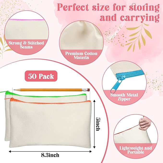 Legigo Blank Canvas Bag Zipper Pouch Makeup Bags Bulk - Multi-Purpose Canvas Pencil Pouch with Sturdy Zipper, Cosmetic Bag Travel Toiletry Bag for DIY Craft Projects, Storage (8.3 x 5 inches)