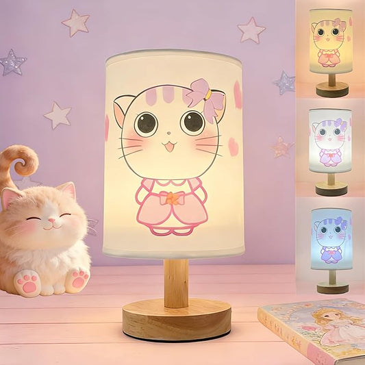 Purple Kitty Kids Nightstand Lamp,3 Color Dimmable LED Bedside Lamps for Girls Bedroom,Kitty Night Light for Room Decor,Cute Cat Desk Lamp with LED Bulb,Unique Gift for Girls Birthday Children