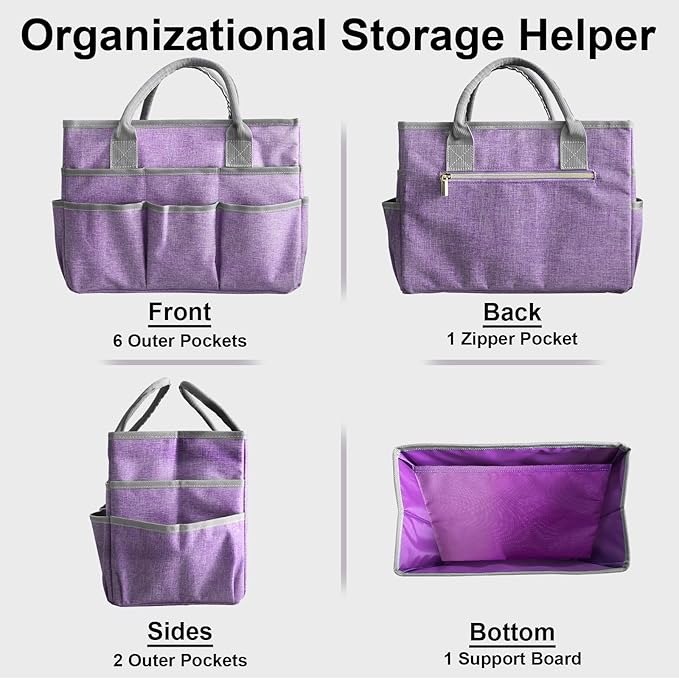 Cupohus Art Organizer Craft Storage Tote Bag with Pockets and Handles, Oxford Fabric Carrying Caddy for Teacher, Officer, Artist, Traveler –Purple