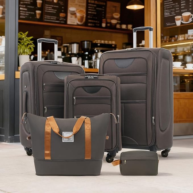 Luggage Sets Softside Expandable 3 Piece Set Lightweight Suitcase with Duffel Bag Upright Spinner Softshell, TSA Lock Carry On for Business for Family Travel (Brown, 22"/26"/30")