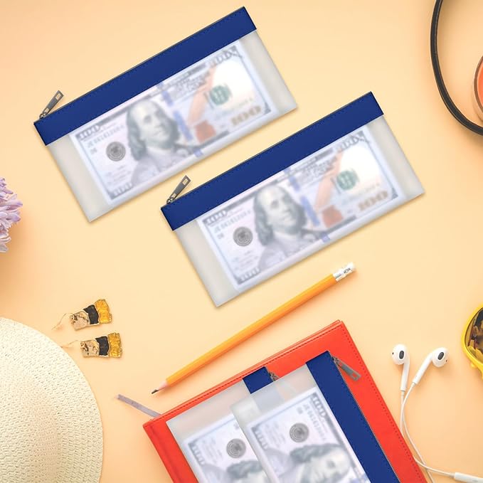 4 Pieces Money Bags With Zipper, Cash Envelopes, 7.6 x 3.7 Inch Money Pouch, Clear Bank Deposit Bag, Coin Bag for Collectors, Multi-Purpose Check Wallet (Dark Blue)
