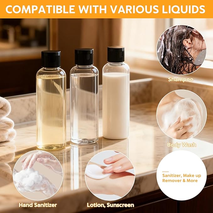 5 Pack 3.4 oz Travel Bottles for Toiletries, TSA Approved Leak Proof Refillable Travel Size Containers, Clear Plastic Shampoo Bottles for Lotion Conditioner