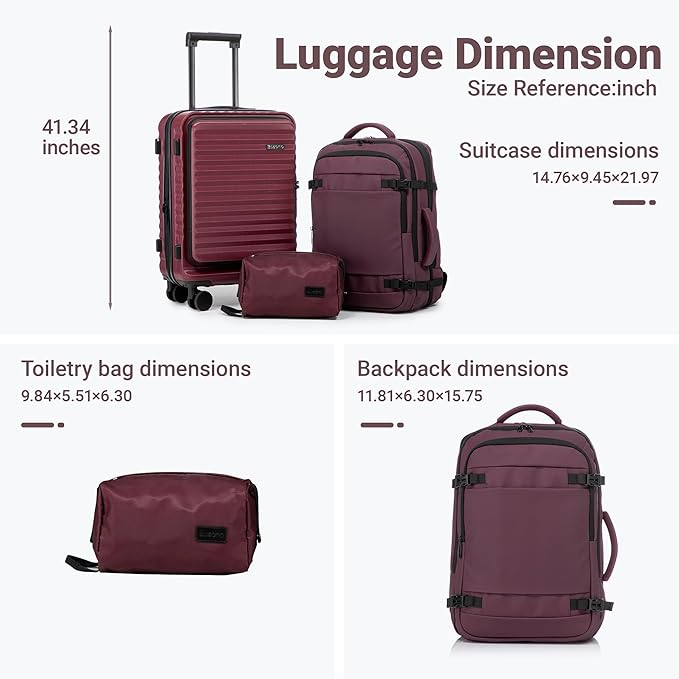 3 piece Luggage Set Expandable Suitcase 22x14x9 Airline Approved Carry on, Front Opening ABS Hard Case Suitcases with Spinner Wheels, TSA Lock