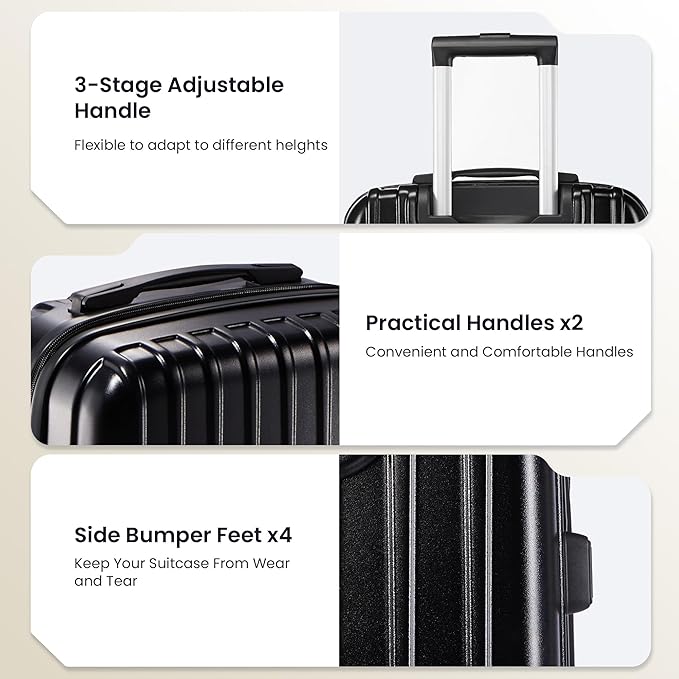 Luggage Sets 3 Piece, Hardside Lightweight Suitcase sets with Spinner Wheels, Large Checked Travel Suitcase for Family Travel，Suitcases Sets 20 24 28 Inch, BLACK
