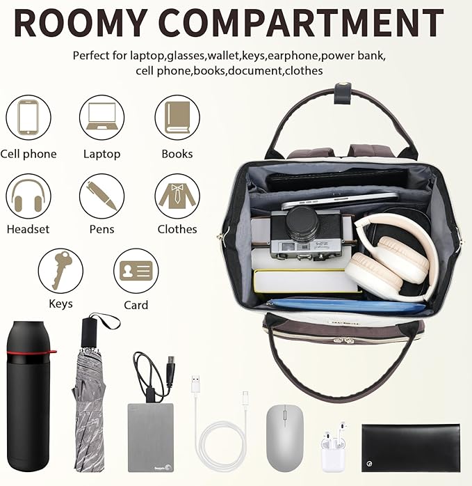 VANKEAN 17 Inch Laptop Backpack for Women Men Fashion Computer Work Bag, Large Capacity Waterproof Backpack with USB Port & RFID Pockets, College Daypack Business Travel, Beige-Coffee
