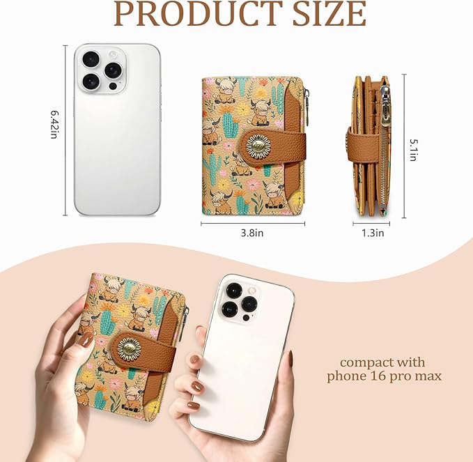 Icycay Highland Cow Small Wallet Women RFID Blocking Bifold, Cute Credit Card Holder, Zipper Coin Pocket, PU Leather, Compact, Travel, 4 ID Window, 14 Card Slots, Cash Purse, Ladies Woman