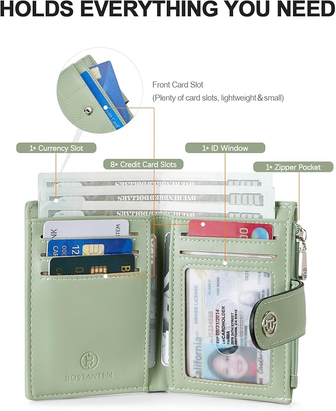 BOSTANTEN Small Wallet for Women Leather RFID Blocking Card Holder Bifold Compact Wallets With Zipper Coin Pocket Green