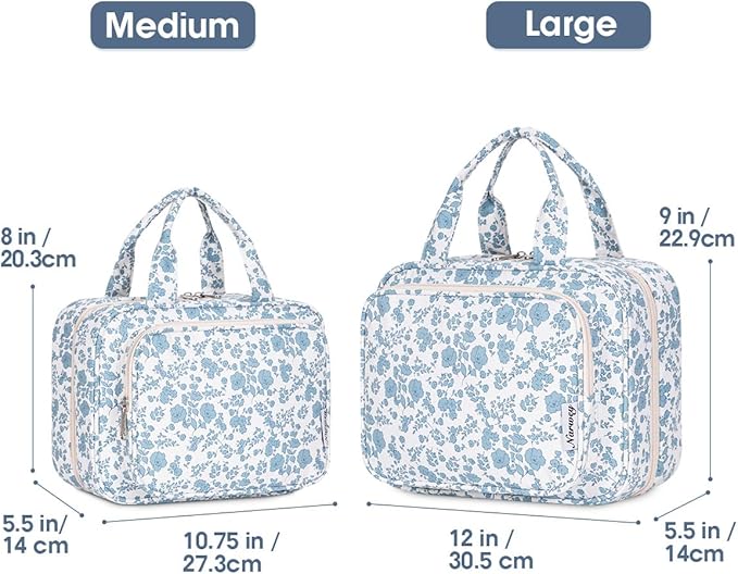 Narwey Travel Toiletry Bag for Women Large Hanging Makeup Bag Organizer Toiletries Bag for Full Size Essentials Accessories Cosmetics (Blue Flower (Large))