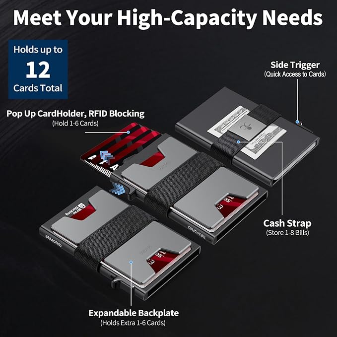 SEMORID Slim Aluminum Card Holder Wallet for Men, Durable Expandable Backplate, RFID Blocking Minimalist Metal Pop Up Wallet, Holds 12+ Cards Plus Cash