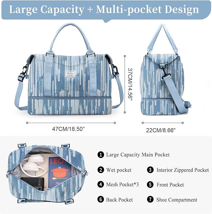 Weekender Bags for Women,Personal Item Travel Bag with Shoes Compartment,Overnight Travel Duffel Bag with Toiletry Bag,Denim Print