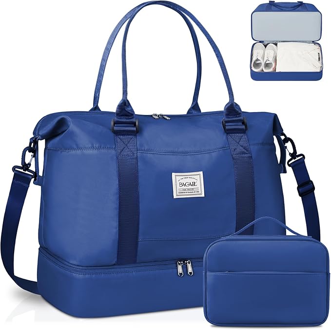 BAGAIL Travel Duffel Bag - Weekender & Overnight Gym Carry On Tote with Wet Pocket - Hospital Mom Bag for Labor & Delivery - Extra Large, Navy Blue
